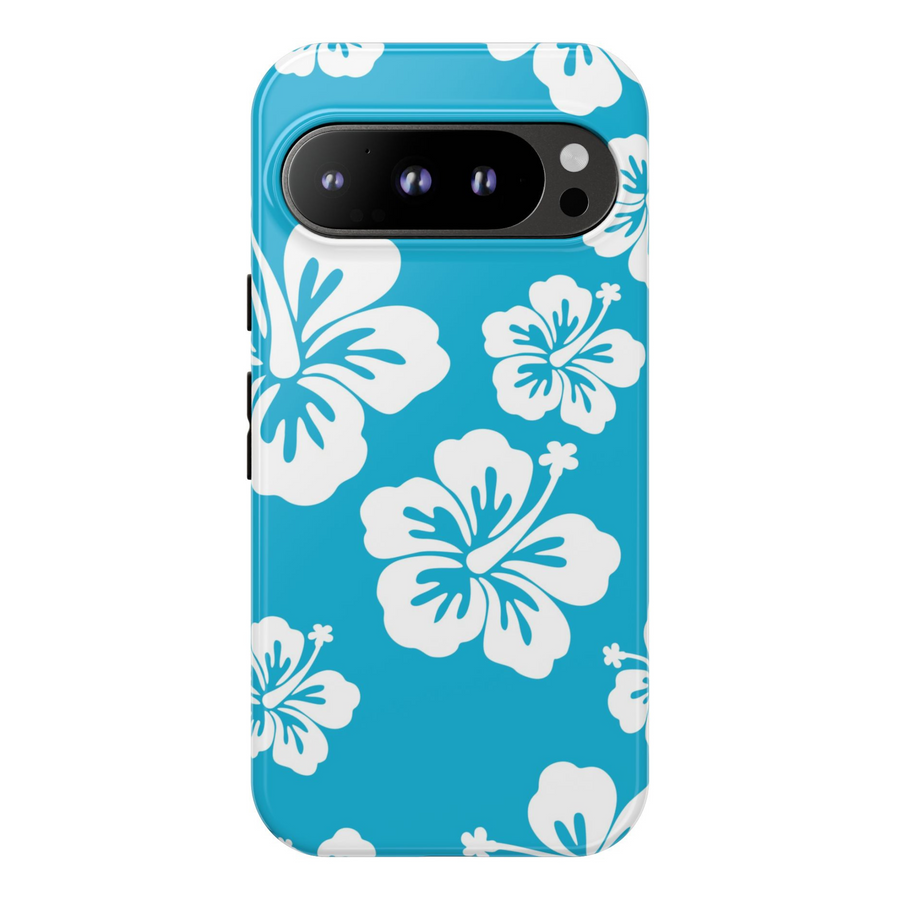 blue hibiscus phone case, tropical floral Pixel case, Hawaiian flower phone case, beachy phone cover Pixel, summer aesthetic tough case, island vibe phone case, blue and white floral Pixel case, hibiscus tough case Google Pixel