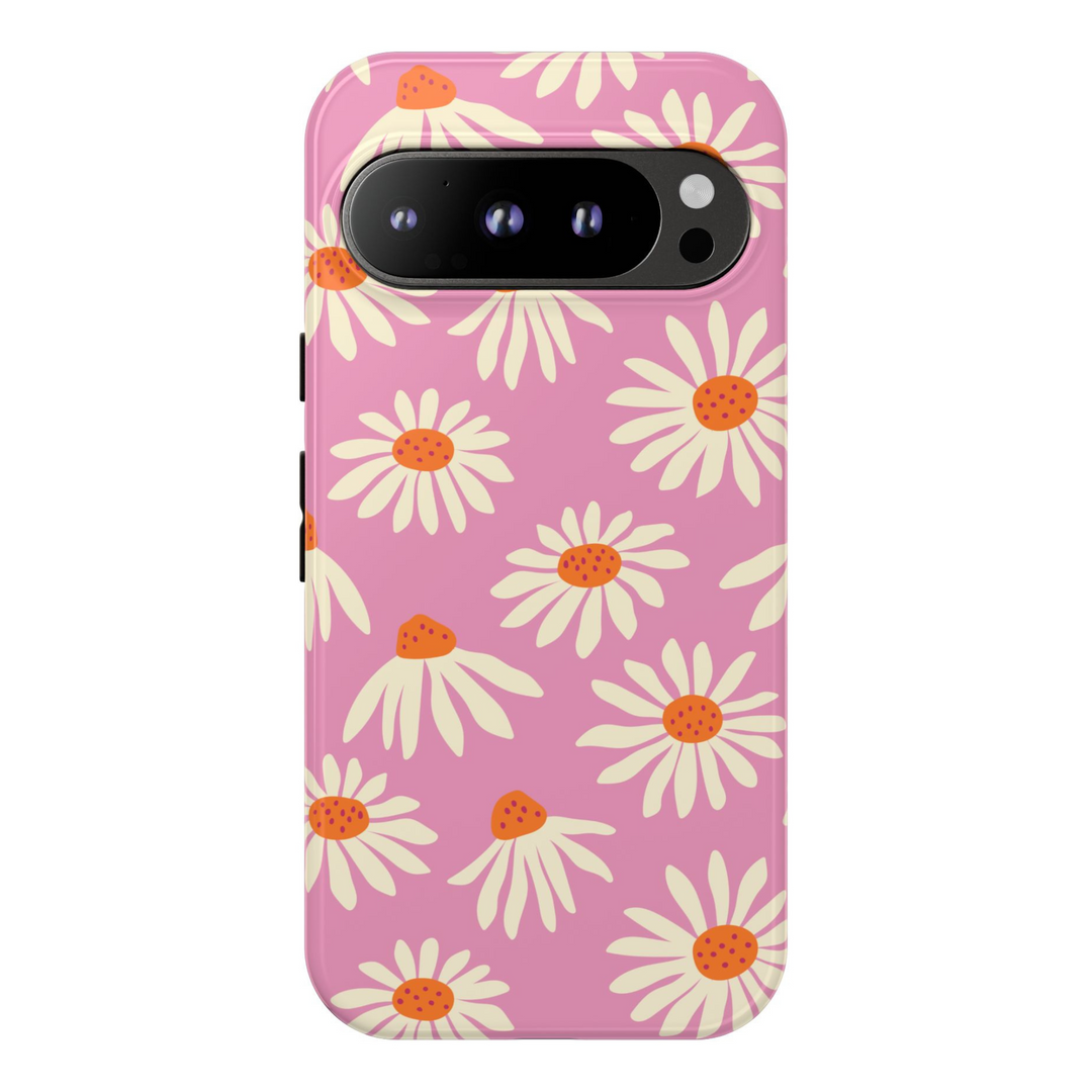 Pink phone case with white daisy flowers and orange centers, retro floral pattern on Google Pixel case