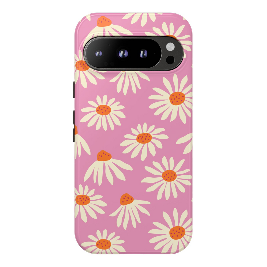 Pink phone case with white daisy flowers and orange centers, retro floral pattern on Google Pixel case