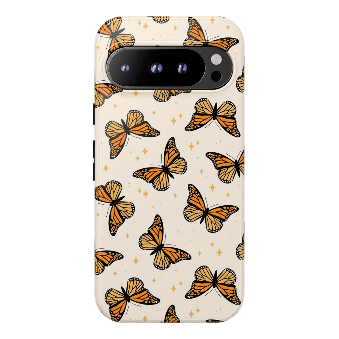 Google Pixel phone case featuring orange monarch butterflies on a cream background with sparkly star accents