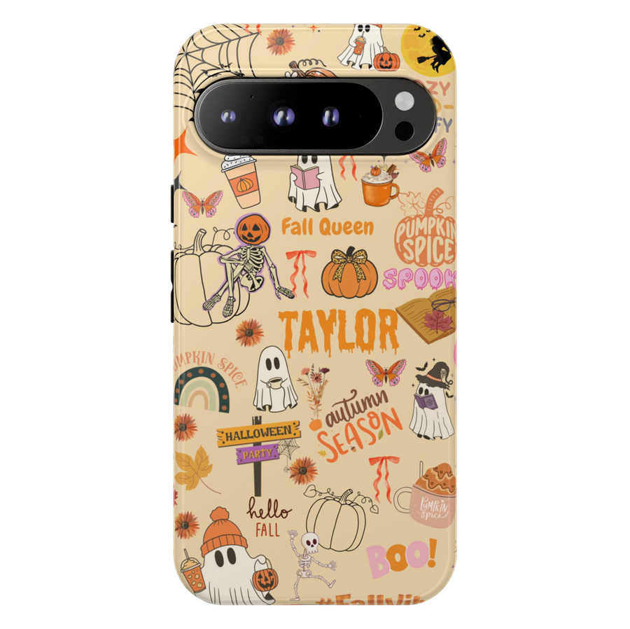 Google Pixel 9 Pro Fall Theme Tough Case with Ghosts, Pumpkins, Skeletons, Pumpkin Spice & Custom Name Option