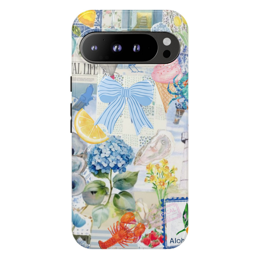 Google Pixel phone case with aesthetic collage of coastal elements including blue bow, lobster, hydrangea, lemon, ice cream, and seashells
