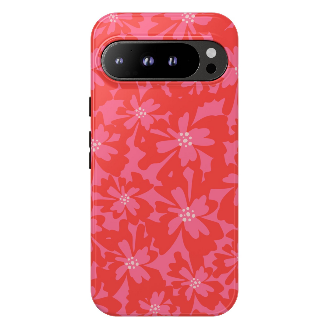 Google Pixel phone case with bold red and pink layered floral pattern in a retro girly aesthetic