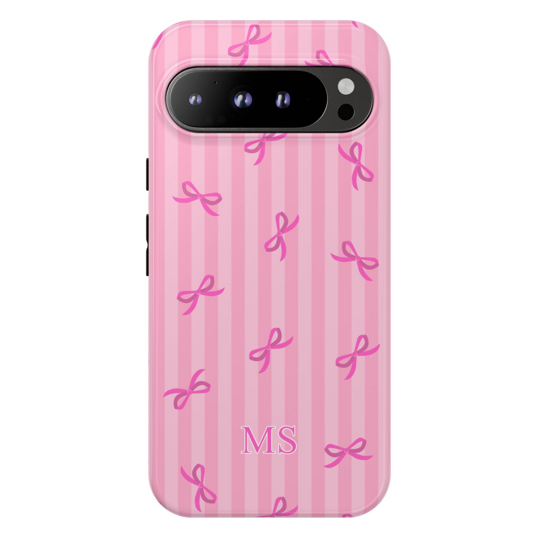 Google Pixel case with pink ribbon pattern and vertical stripes, personalized with white “MS” initials for breast cancer awareness