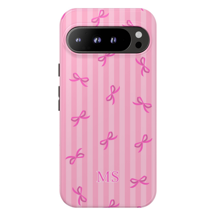 Google Pixel case with pink ribbon pattern and vertical stripes, personalized with white “MS” initials for breast cancer awareness