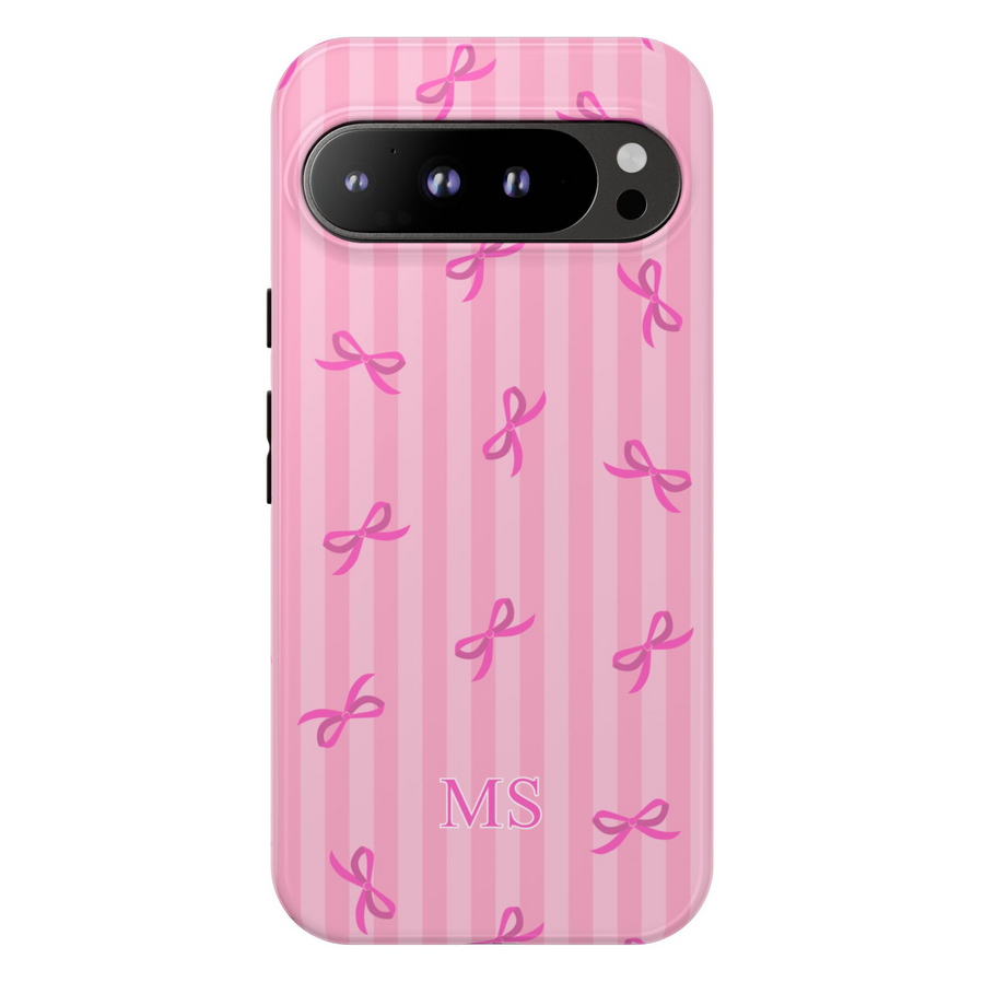 Google Pixel case with pink ribbon pattern and vertical stripes, personalized with white “MS” initials for breast cancer awareness