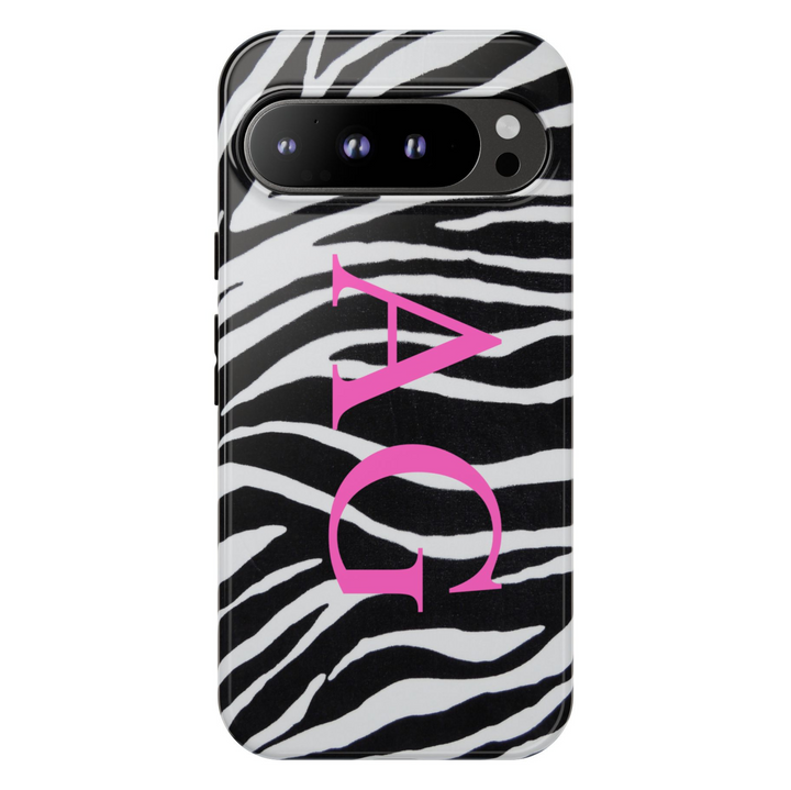 Google Pixel case with black and white zebra pattern and bold pink monogram initials "AG" in vertical layout