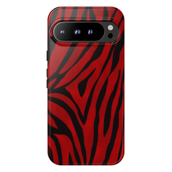 Google Pixel case with bold red and black zebra stripe pattern, fashion-forward animal print design