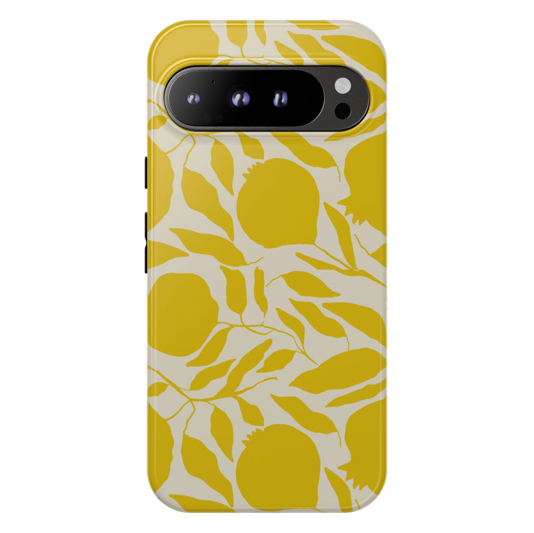 Google Pixel case with yellow fruit and leaf silhouettes on cream background, abstract botanical design