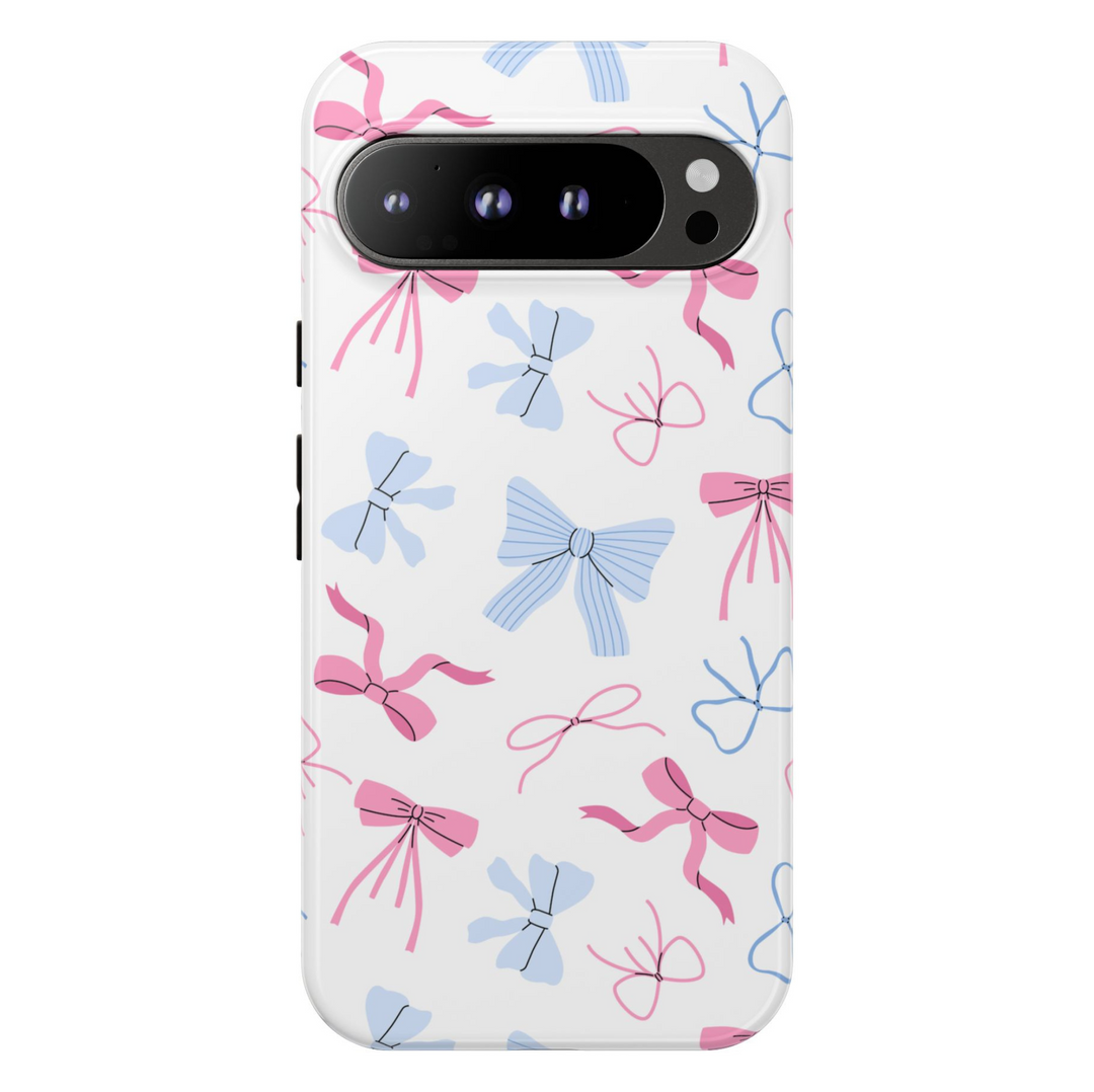 Google Pixel case with pastel pink and blue bows on a white background, coquette aesthetic