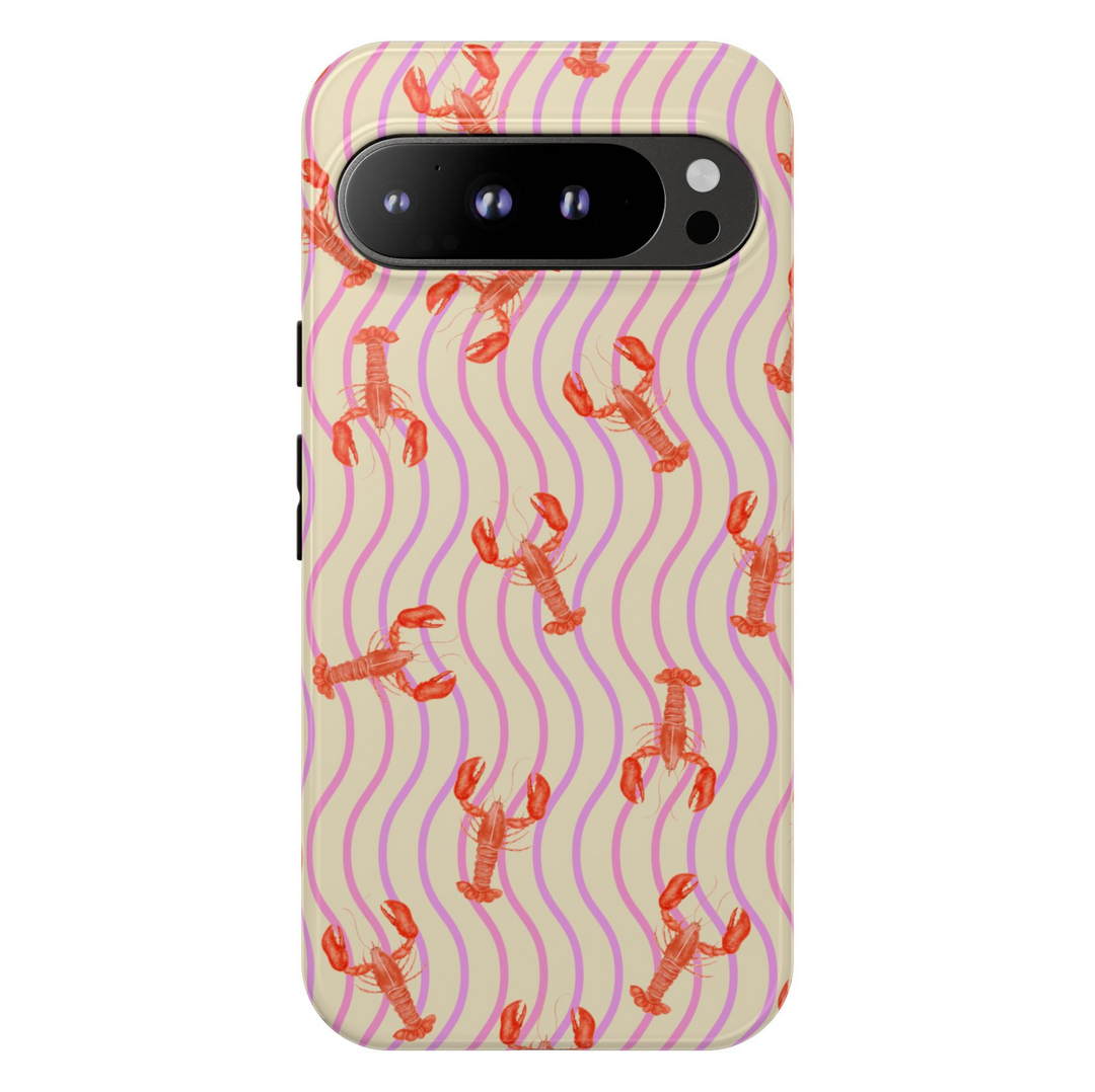 Google Pixel case with red lobster pattern and wavy pink lines on a beige background
