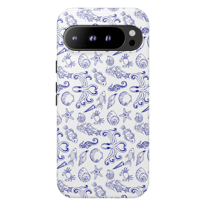 White Google Pixel case with hand-drawn navy blue ocean illustrations of seashells, octopus, fish, coral, and sea life pattern