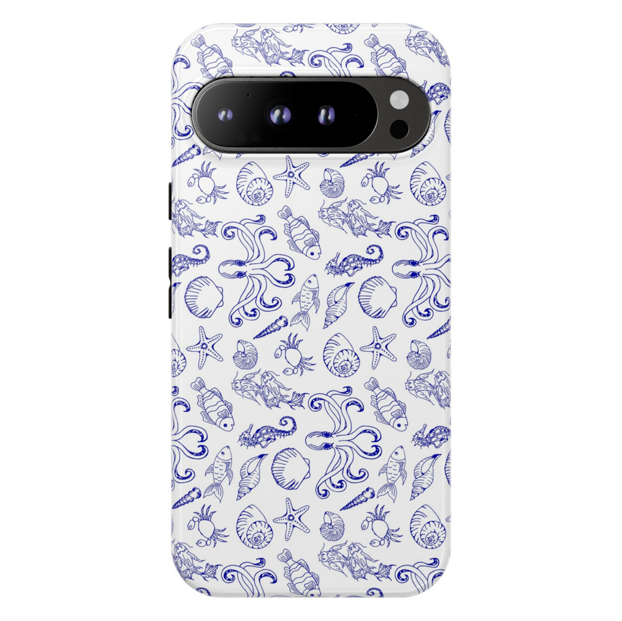 White Google Pixel case with hand-drawn navy blue ocean illustrations of seashells, octopus, fish, coral, and sea life pattern