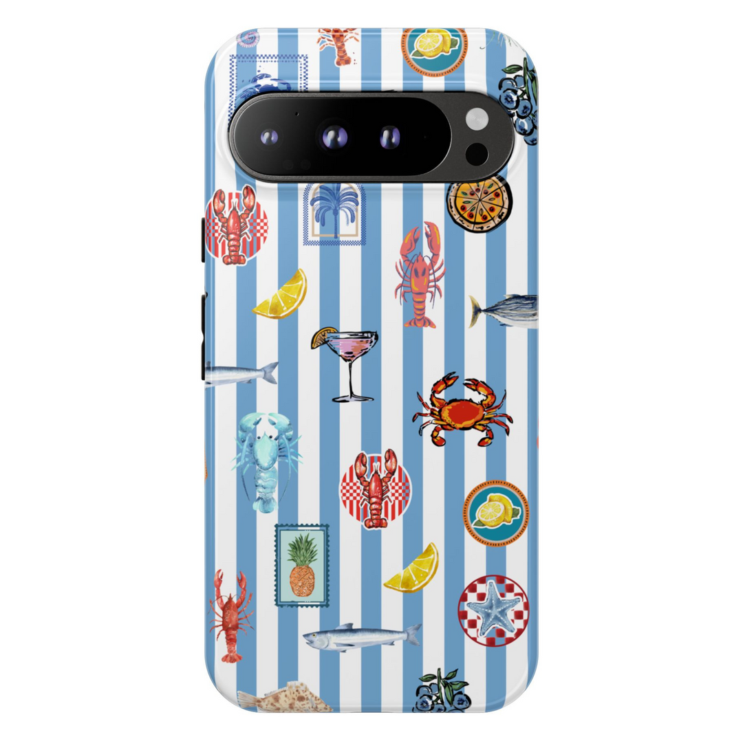 Nautical summer-themed Google Pixel case with lobsters, cocktails, and blue striped background
