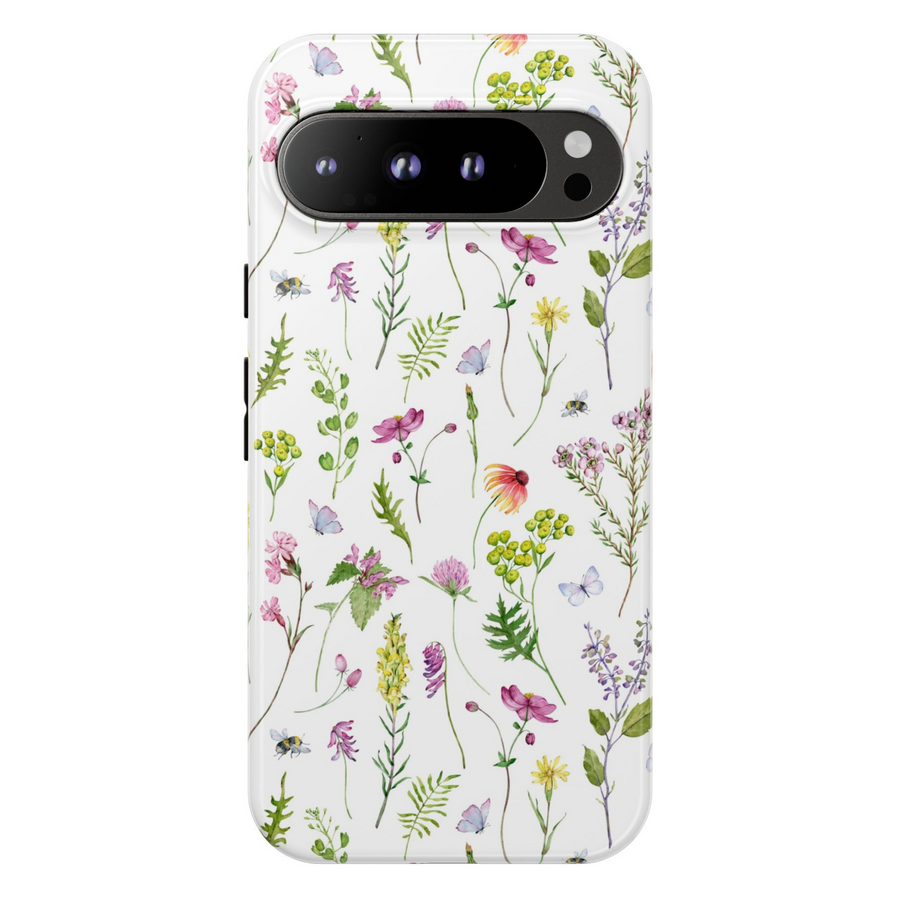 Minimal botanical wildflower phone case for Google Pixel with pastel florals and butterflies