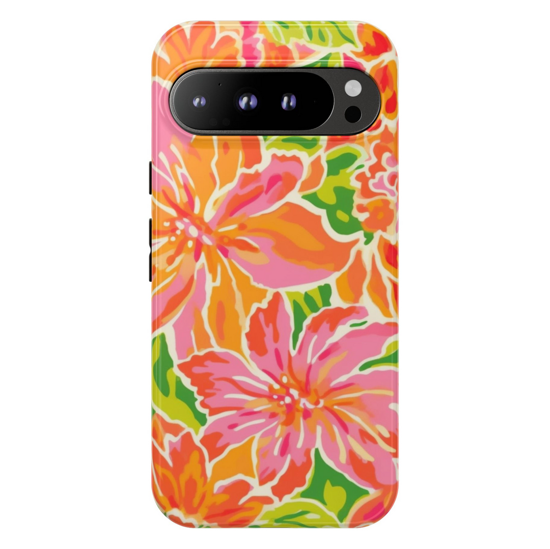 Bright tropical floral Google Pixel case with pink, orange, and green flowers – summer design