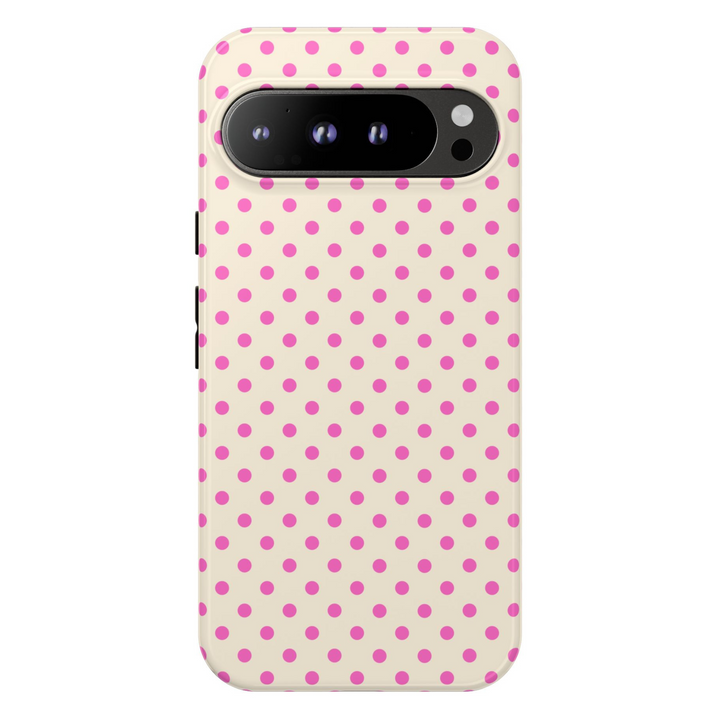Girly Google Pixel case with pink polka dots on a cream background – retro cute design
