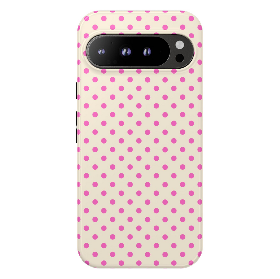 Girly Google Pixel case with pink polka dots on a cream background – retro cute design