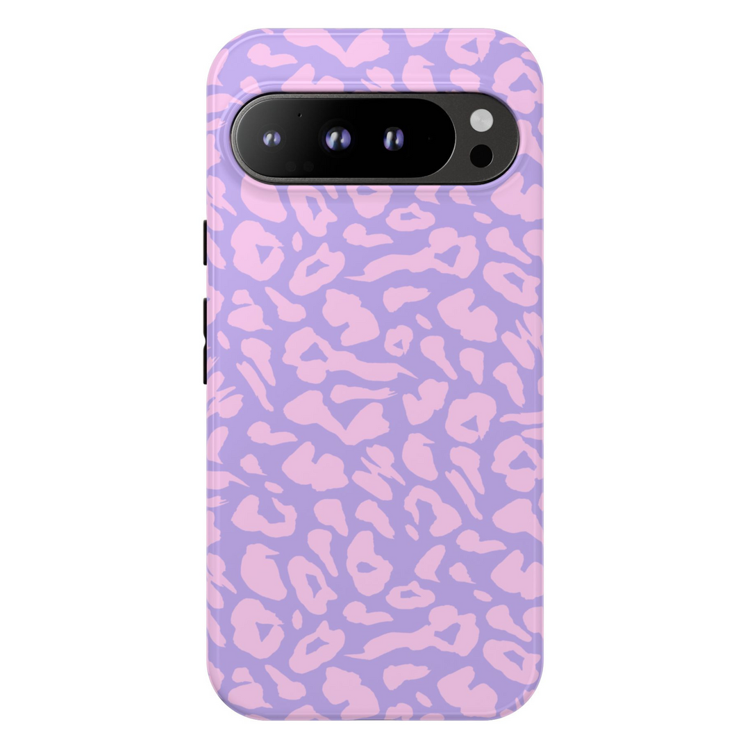 Girly Google Pixel case with purple and pink leopard print pattern – fun animal print design