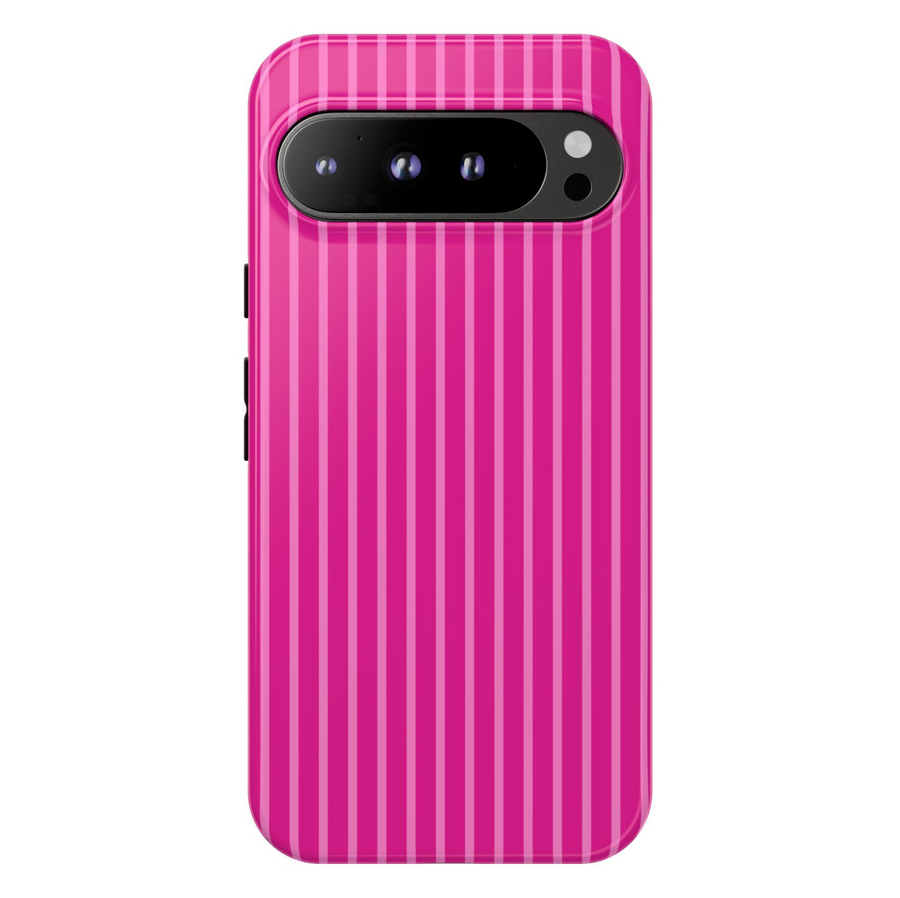 Google Pixel case with hot pink and bubblegum pink vertical stripes in a bold girly pattern
