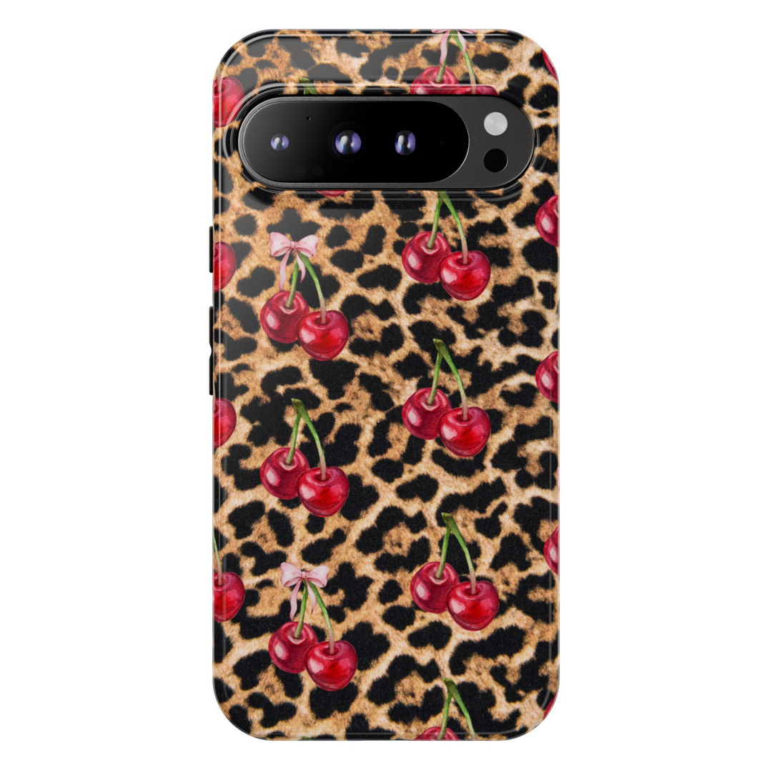 Google Pixel case with leopard print background and red cherry illustrations