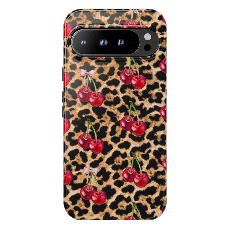 Google Pixel case with leopard print background and red cherry illustrations