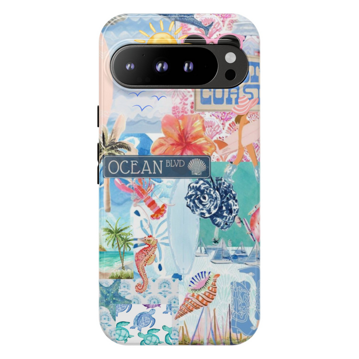 Colorful Google Pixel phone case with beach collage featuring hibiscus, palm trees, sailboats, ocean sign, seahorse, seashells, and tropical turtles