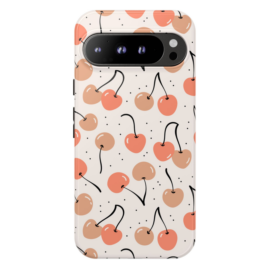 Peach and blush cherry pattern Google Pixel case – cute fruity design on cream background