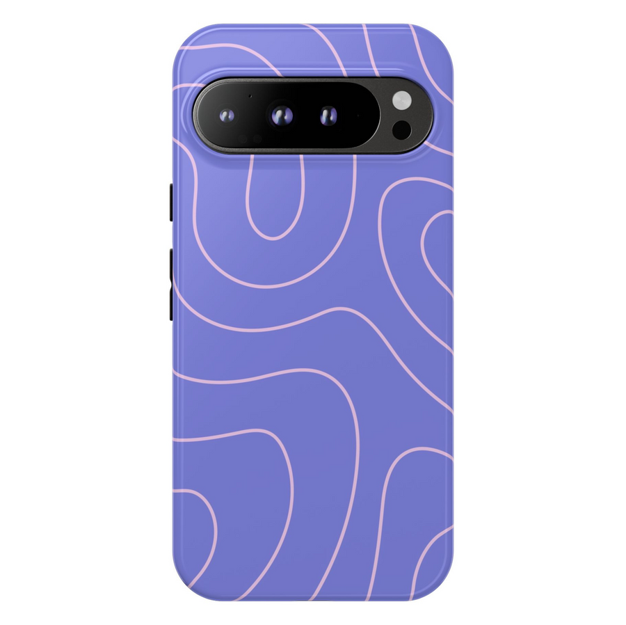 Purple Google Pixel case with soft pink wavy contour lines – abstract modern minimal design