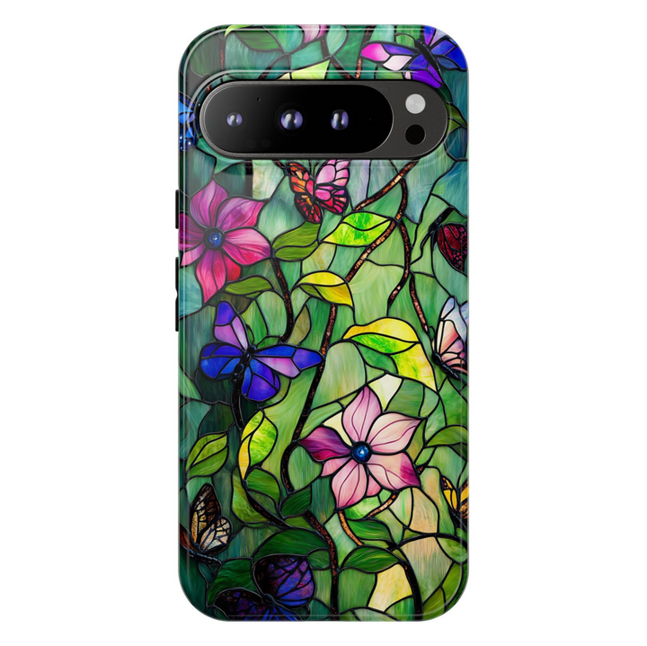 Stained glass butterfly floral Google Pixel phone case – artistic nature mosaic design, protective cover for Pixel 9, Pixel 10, Pixel 8 – colorful butterfly and flower phone cover for women.