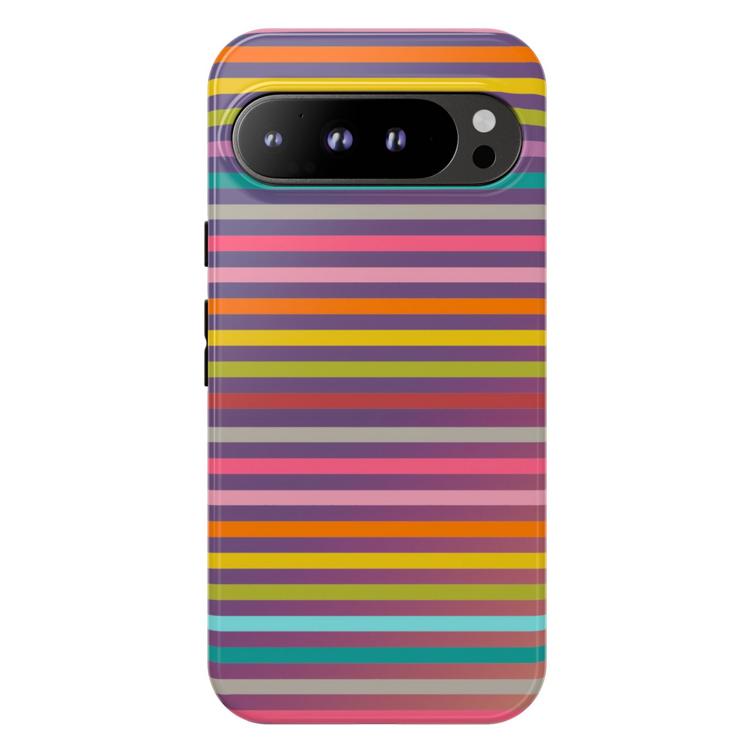 Google Pixel case with vibrant rainbow-colored horizontal stripes – bold colorful phone case design