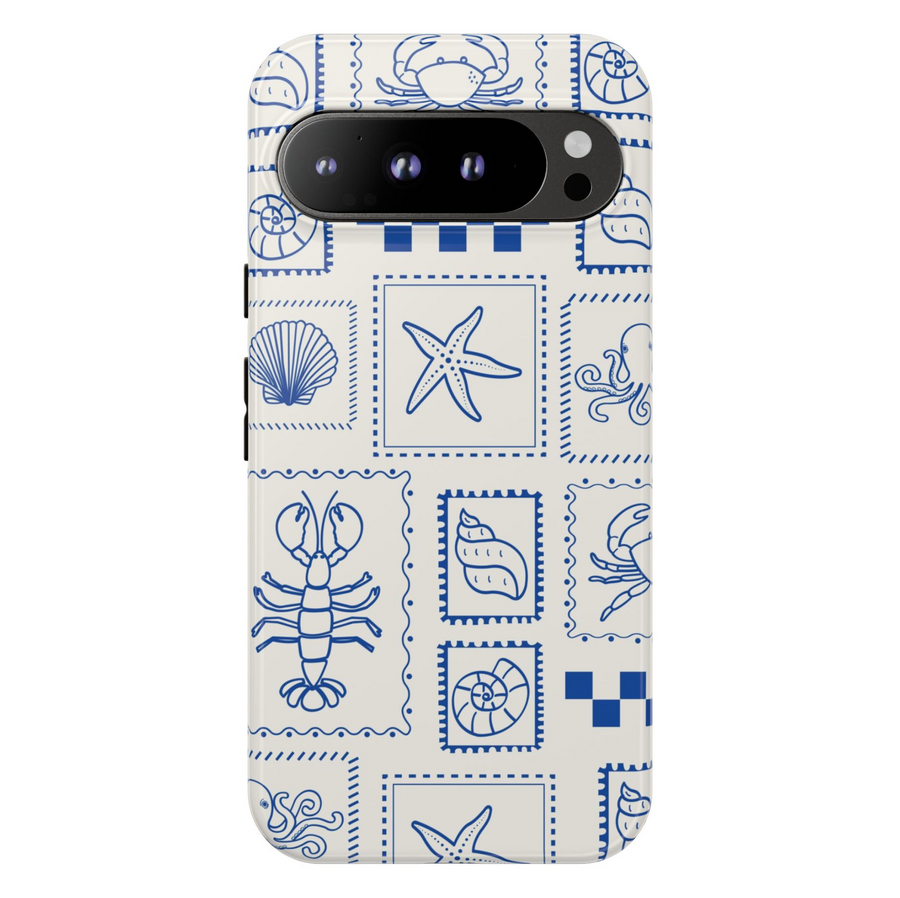Google Pixel case with navy blue nautical stamp sea creature illustrations on cream background – minimal beach design