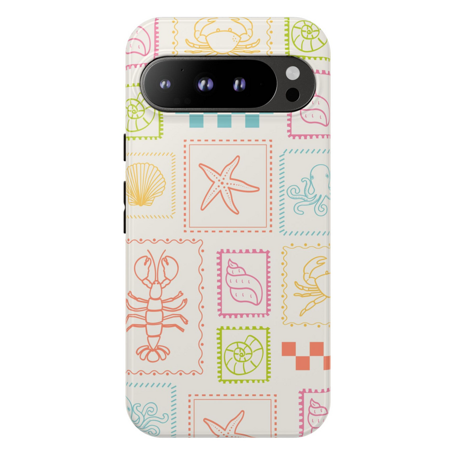Google Pixel case with colorful stamp-style sea creatures and shells on a cream background – coastal summer design