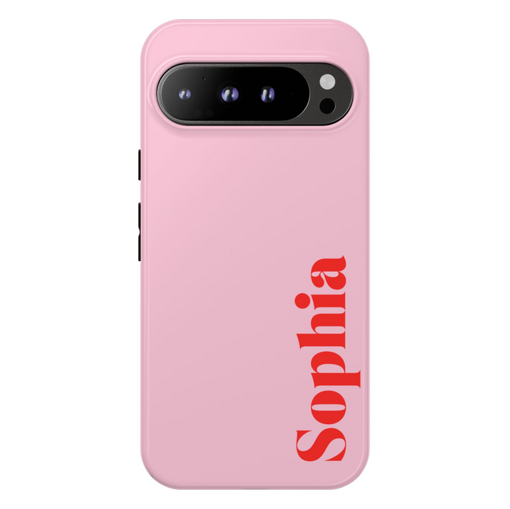 Custom Google Pixel 9 Pro case in blush pink with red vertical name "Sophia" in bold serif font