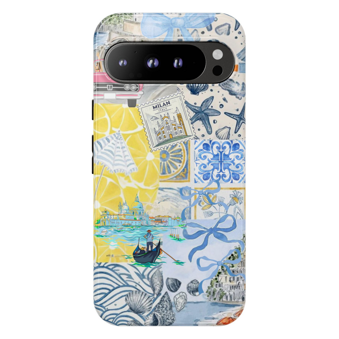 Google Pixel phone case with aesthetic collage of coastal elements including blue bow, lobster, hydrangea, lemon, ice cream, and seashells