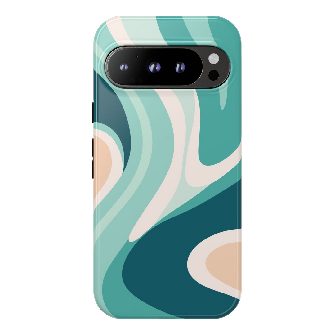 Teal, mint, and cream abstract ocean wave pattern on Google Pixel tough case – fits Pixel 8, 8 Pro, and Pixel 9 Pro XL