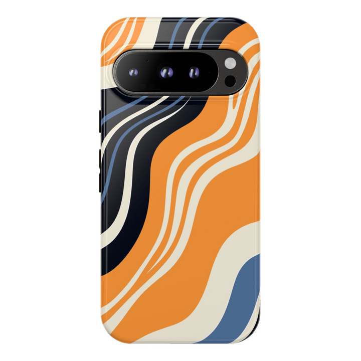 Orange, navy, and cream wavy stripe abstract pattern on Google Pixel tough case – fits Pixel 8, 8 Pro, Pixel 9 Pro XL