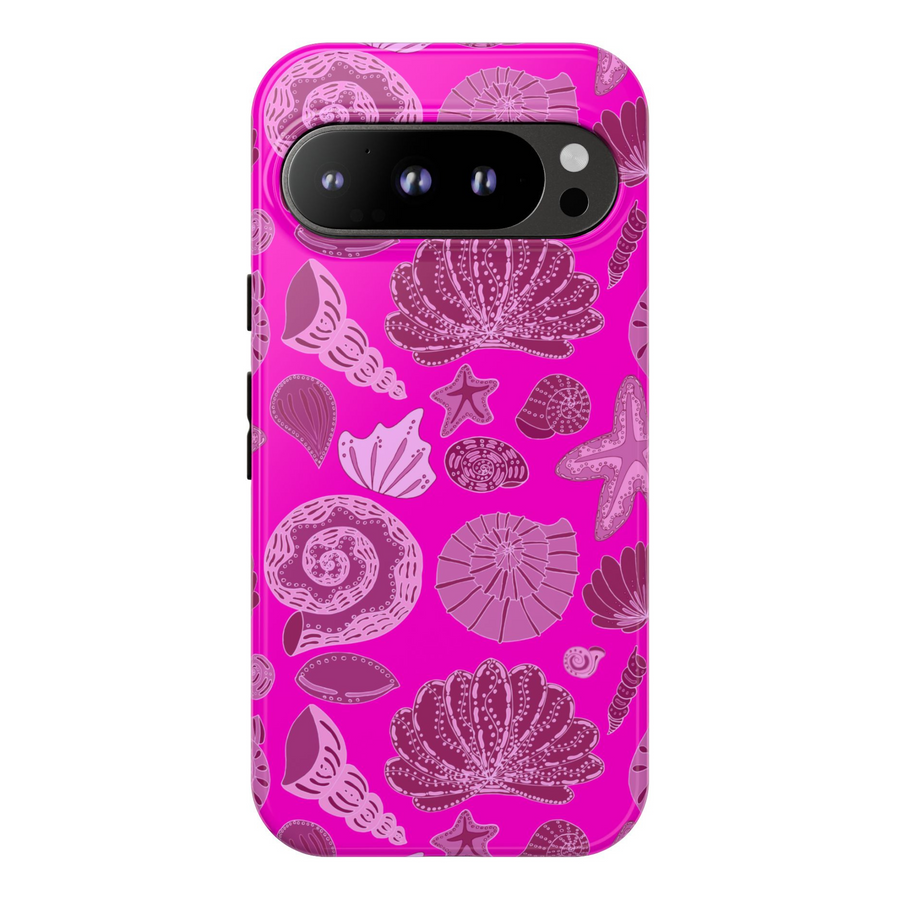 Vibrant pink seashell design phone case for Google Pixel with beachy ocean elements like starfish, shells, and coral – protective and aesthetic