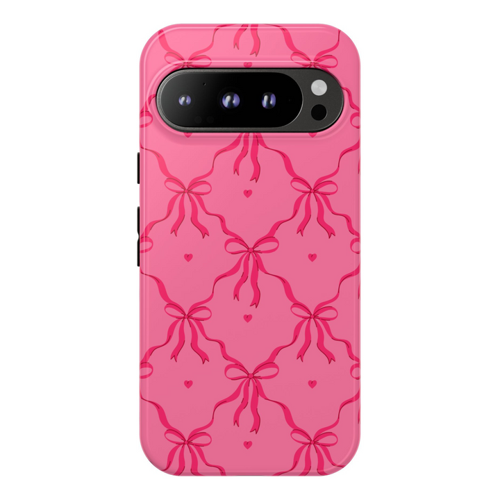 Cute pink Google Pixel tough case with red bow and tiny heart pattern – aesthetic coquette-style cover for Pixel 8, Pixel 8 Pro, Pixel 9 Pro XL