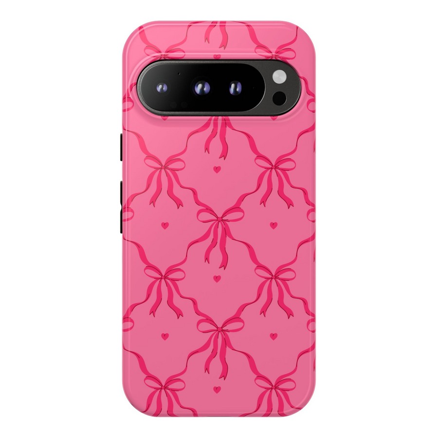 Cute pink Google Pixel tough case with red bow and tiny heart pattern – aesthetic coquette-style cover for Pixel 8, Pixel 8 Pro, Pixel 9 Pro XL