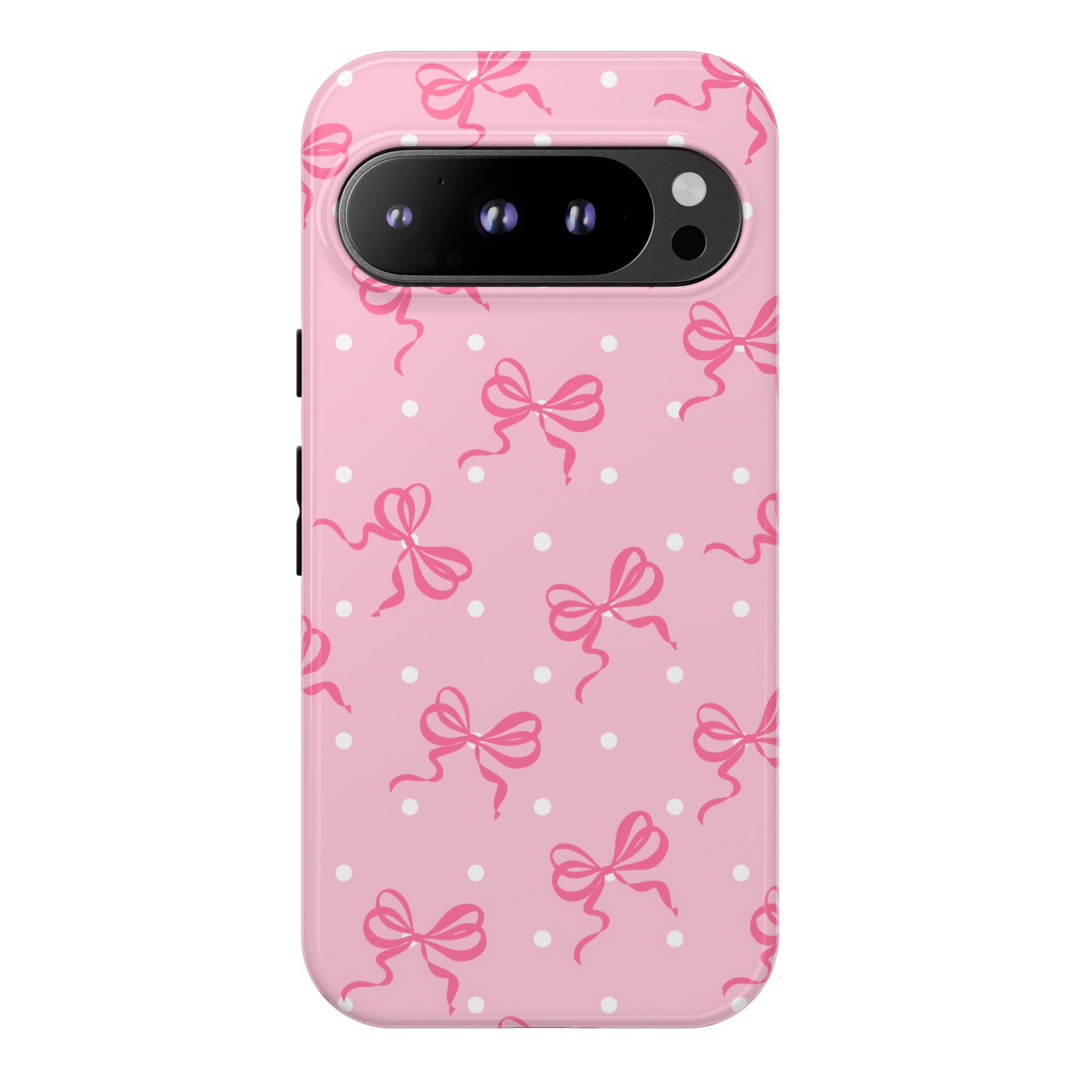 Pink Google Pixel case with cute ribbon bows and white polka dots – girly coquette tough phone case compatible with Pixel 8, Pixel 8 Pro, and Pixel 9 Pro XL