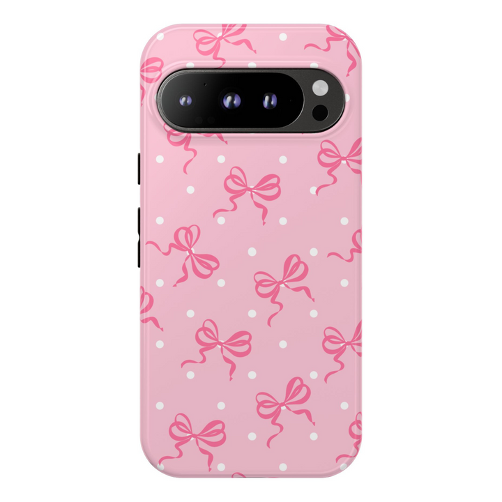 Pink Google Pixel case with cute ribbon bows and white polka dots – girly coquette tough phone case compatible with Pixel 8, Pixel 8 Pro, and Pixel 9 Pro XL
