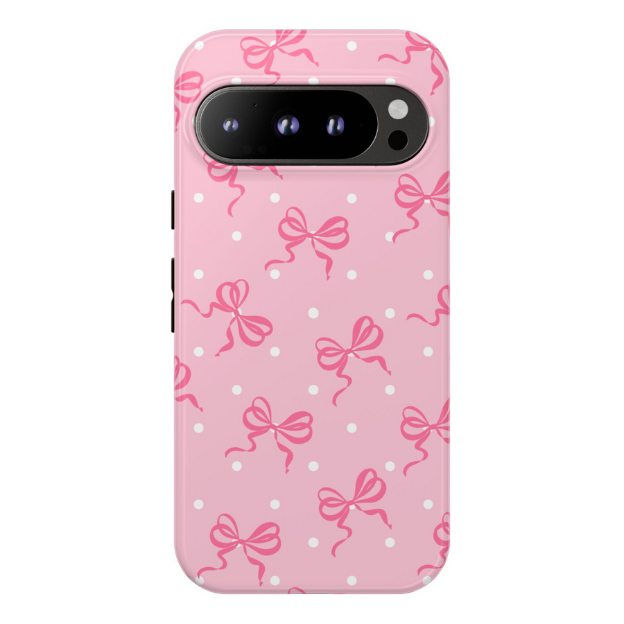 Pink Google Pixel case with cute ribbon bows and white polka dots – girly coquette tough phone case compatible with Pixel 8, Pixel 8 Pro, and Pixel 9 Pro XL