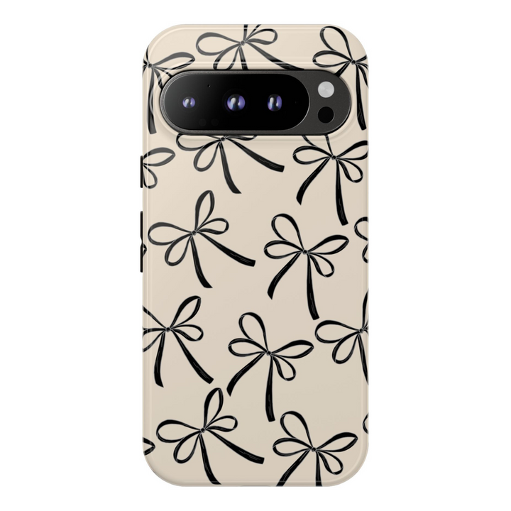 Minimalist beige Google Pixel tough phone case with black hand-drawn bow pattern, compatible with Pixel 8, Pixel 8 Pro, Pixel 9 Pro XL