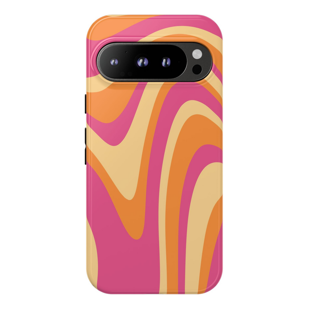 Bold orange and pink abstract swirl tough phone case for Google Pixel 8, Pixel 8 Pro, and Pixel 9 Pro XL with groovy wave design