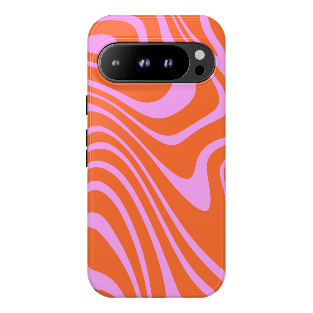 Bold orange and pink abstract swirl tough phone case for Google Pixel 8, Pixel 8 Pro, and Pixel 9 Pro XL with groovy wave design