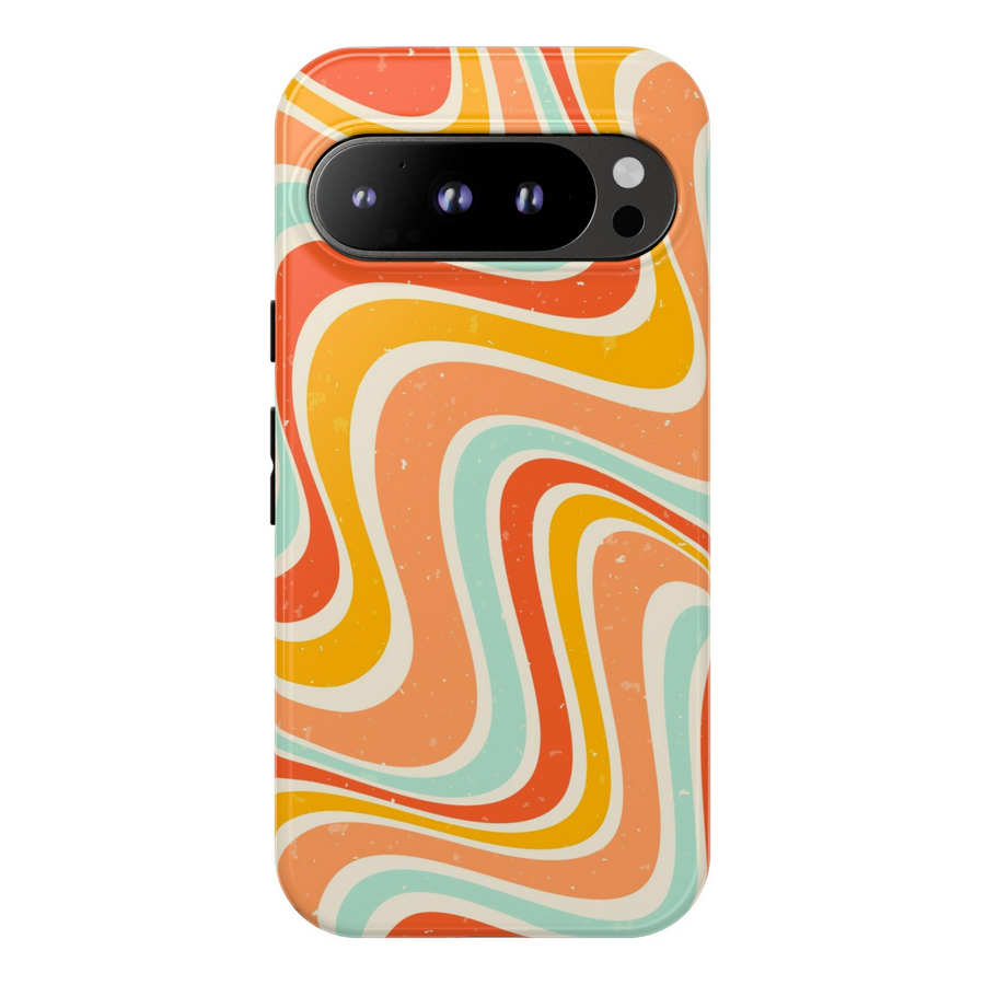 Colorful retro wave swirl Google Pixel tough phone case with orange, yellow, mint, and cream 70s vintage pattern – fits Pixel 8, Pixel 8 Pro, Pixel 9 Pro XL