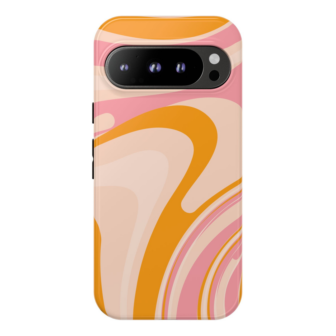 Retro-inspired tough Google Pixel phone case with pink, orange, and beige abstract swirl pattern – fits Pixel 8, Pixel 8 Pro, Pixel 9 Pro XL