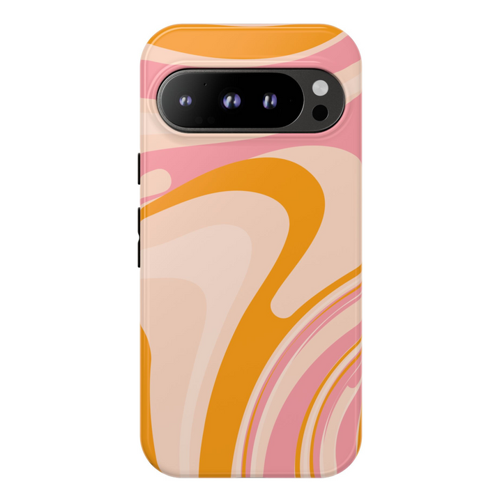 Retro-inspired tough Google Pixel phone case with pink, orange, and beige abstract swirl pattern – fits Pixel 8, Pixel 8 Pro, Pixel 9 Pro XL