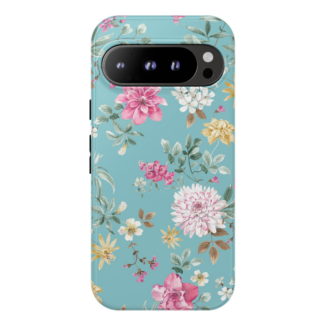 Blue Floral Google Pixel Tough Case – Protective Flower Phone Case for Pixel 8, Pixel 8 Pro, Pixel 9 Pro XL with Vintage Botanical Design